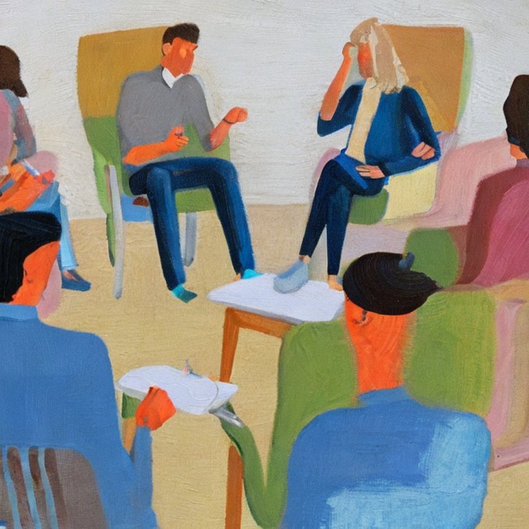 painting of people sitting on chairs discussing motion by Stable Diffusion 2.1